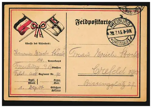 Feldpostkarte Kriegsflaggen FREIBURG (BRESLAU) 20.7.1915 nach Krefeld
