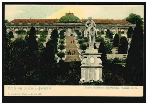 AK Gruss aus Sanssouci: Schloss mit Denkmal Friedrich des Großen, per Bahnpost