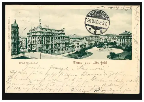 AK Gruss aus Elberfeld Hotel Weidenhof, 25.3.1900 nach RUHRORT 26.3.00
