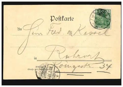 AK Gruss aus Benrath Kgl. Schloss mit Blumengarten, ZONS 3.6.1901 nach Ruhrort