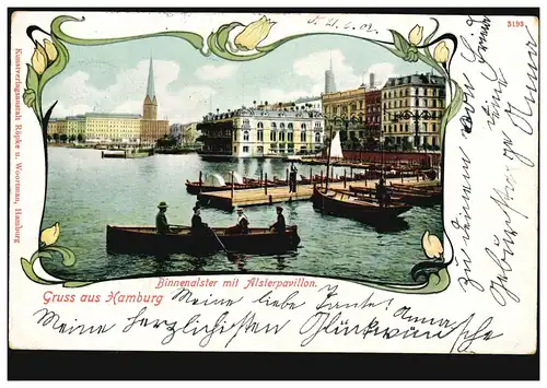 AK Gruss de Hambourg Binnenalster avec Alsterpavillon, HAMBURG 21.6.1902