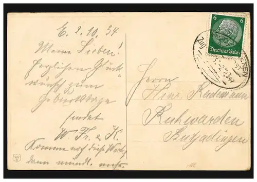 Carte d'anniversaire du bouquet de fleurs dans le vase, par voie ferroviaire HUDE-BLEXEN 2.10.1934