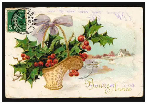 France Carte de l'année Nouvel An Panier de baies à la branche, LORIENT 30.12.1907
