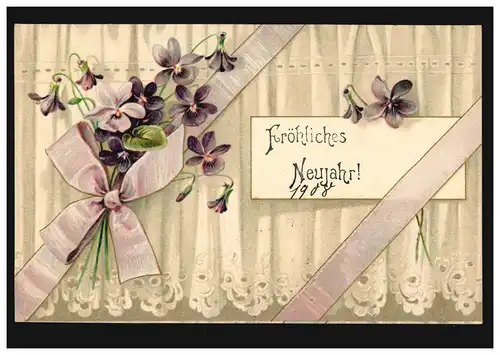 Prägekarte Neujahr Gardinen mit Blumendekoration, BERGISCH-GLADBACH 31.12.1902
