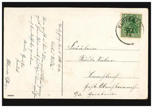 Prägekarte Grüsse Veilchen in Schale, KUPFERZELL 7.10.1914