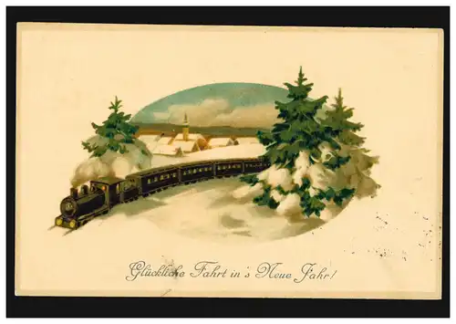 Carte de l'année Nouvel An Route chanceuse Train ferroviaire en hiver, EBERSBACH 31.12.1913
