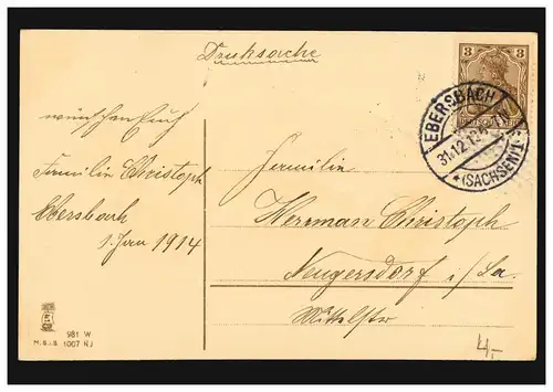 Carte de l'année Nouvel An Route chanceuse Train ferroviaire en hiver, EBERSBACH 31.12.1913