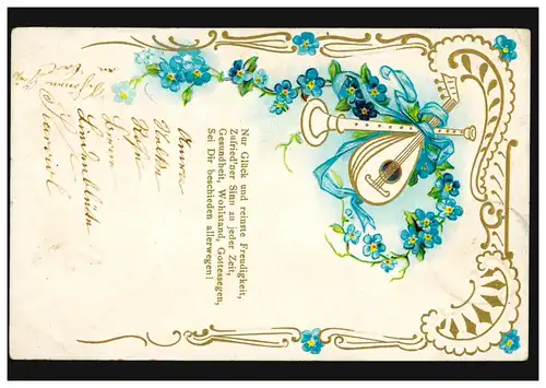 Carte de présentation Salutations flûte et sons en Fleuro, PETERSHAGEN 4.2.1909