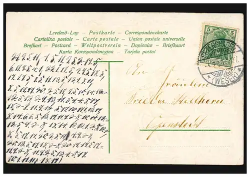 Carte de présentation Salutations flûte et sons en Fleuro, PETERSHAGEN 4.2.1909