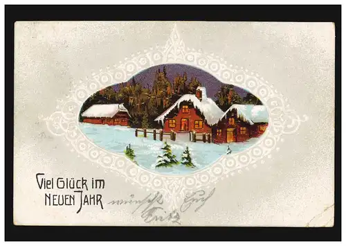 Carte du Nouvel An Village en hiver de nuit, comme un poste de terrain ZWEINZÜREN 30.12.1914