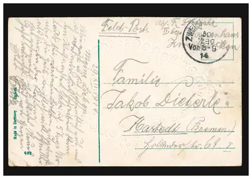 Carte du Nouvel An Village en hiver de nuit, comme un poste de terrain ZWEINZÜREN 30.12.1914