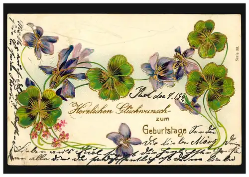 Carte d'anniversaire de la chance de girlande, KIEL-GAARDEN 7.9.1907