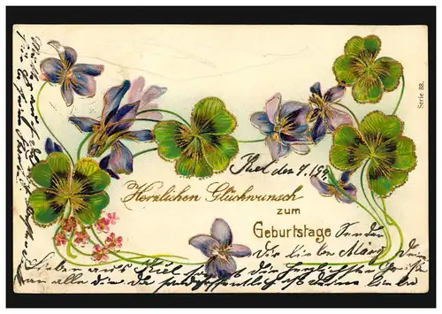 Prägekarte Geburtstag Glücksklee als Girlande, KIEL-GAARDEN 7.9.1907 