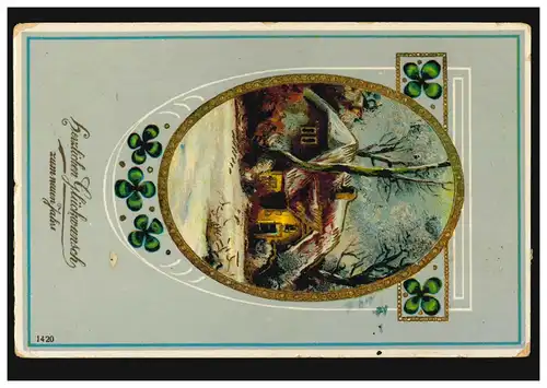 Carte de l'année Nouvel An Maison dans le paysage hivernal Glückskleegirlande, ATZBACH 3.1.1912