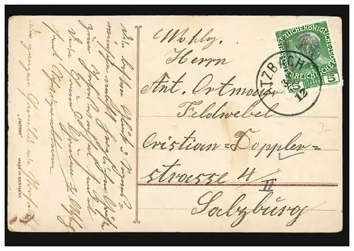 Carte de l'année Nouvel An Maison dans le paysage hivernal Glückskleegirlande, ATZBACH 3.1.1912