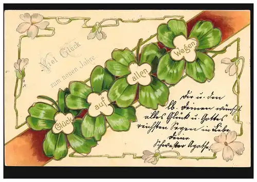 Carte de l'année Nouvel An Bonne chance sur tous les chemins Trèfle à quatre feuilles, MUNICH 1901