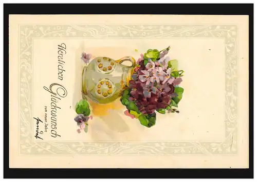 Carte de l'année Nouvel An bouquet de fleurs dans la cruche, GRAND ENHAIN 1.1.1908