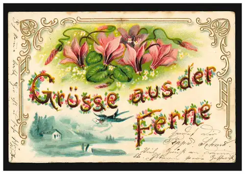 Prägekarte Grüsse aus der Ferne Landschaft mit Blumengirlande, KRUMBACH 31.12.05