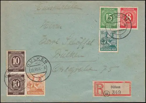 917ff Conseil de contrôle I+II chiffres et ouvriers sur lettre R locale DÜLKEN 25.11.1947