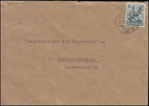 6 Schwarzaufdruck 16 Pf auf Ortsbrief BERLIN 61g - 6.10.48 nach Berlin Friedenau