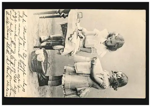 Carte de vue photo Deux filles en repassage et plis de linge CÖLN 23.11.1902