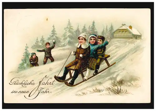 Ansichtskarte Neujahr Kinder beim Schlittenfahren Rodeln,  SEESEN 30.12.1911