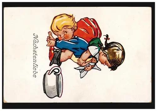 Carte d'Humour Enfants Après les toilettes: Amour du prochain, utilisé vers 1930