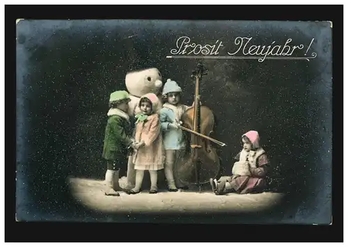 AK Neujahr Kinder beim Musizieren Kontrabass und Schneemann, EUPEN 31.12.1917