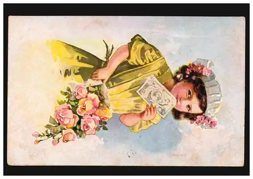 Carte de visite Les filles avec des fleurs et une note d'argent: Bonne chance ! EUPEN 13.7.1911