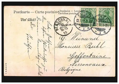 Ansichstkarte Mädchen mit Blumen und Geldnote: Viel Glück! EUPEN 13.7.1911