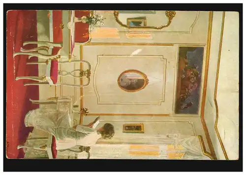 Künstler-Ansichtskarte Alfred Broge: Interieur II. Die Lesende DUISBURG 30.10.16