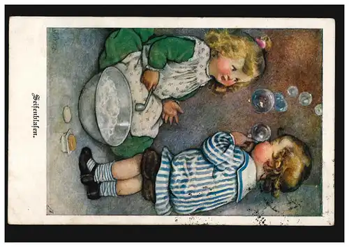 Ansichtskarte Kinder: Mädchen und Junge beim Seifenblasen, gelaufen um 1915