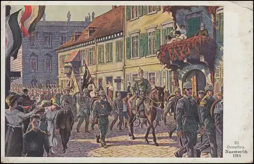 AK Krieg Gemälde von Hempfing: Der Ausmarsch 1914, als Feldpostkarte 8.1.1917