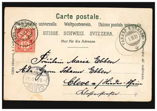 AK Gruss de Schuls Panorama, TARASP KURHAUS 1.9.1901 vers CLEVE 3.9.01