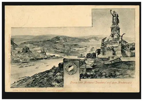 AK Gruss vom National-Denkmal auf dem Niederwald, RÜDESHEIM 9.8.1907 