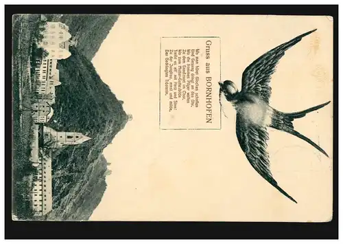 AK Gruse de Bornhofen: monastère et oiseau avec poème, CAMP (RHEIN) 1.11.1911
