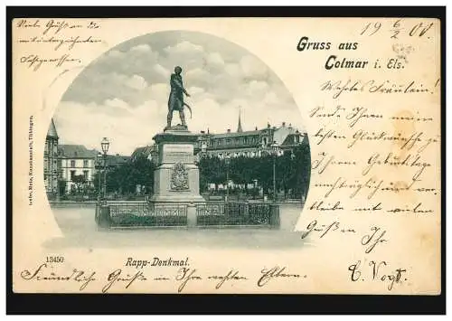 AK Gruss aus Colmar: Kapp-Denkmal, 6.2.1900 nach HANNOVER 7.2.00