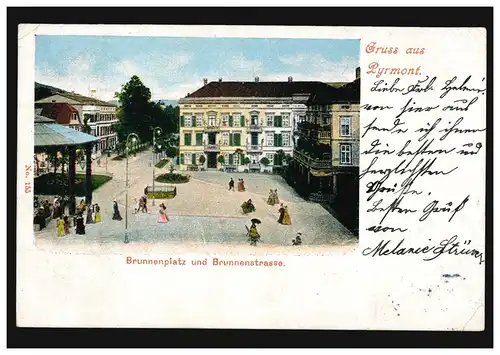AK Gruss aus Pyrmont: Brunnenplatz und Brunnenstraße, 13.7.1901 nach GREIZ 14.7.
