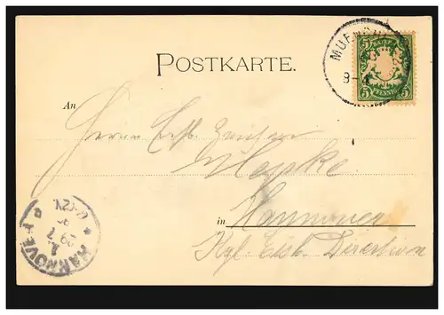 AK Gruss aus München: Cafe Luitpold, 28.7.1892 nach HANNOVER 29.7.92