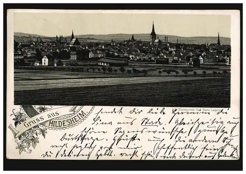 AK Gruss de Hildesheim Panorama, Bahnpost HALLE/SAALE-LÖHNE ZUG 526 - 6.8.1898