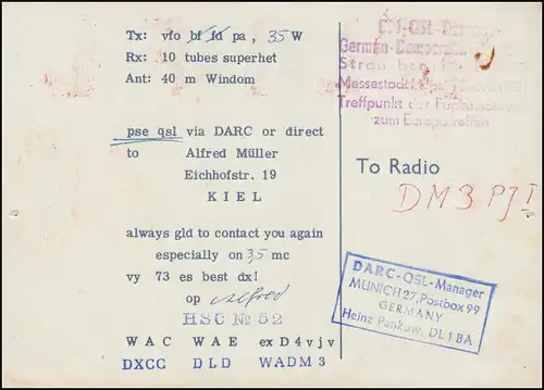 Carte QSL des radioamateurs DL1FL 7.2.1960 DDR Leipzig / Alfred Müller Kiel