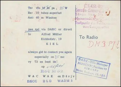 Carte QSL des radioamateurs DL1FL 7.2.1960 DDR Leipzig / Alfred Müller Kiel