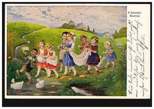Künstler-AK Franziska Schenkel: Kinder spielen Brautzug, HOLZKIRCHEN 17.11.1926