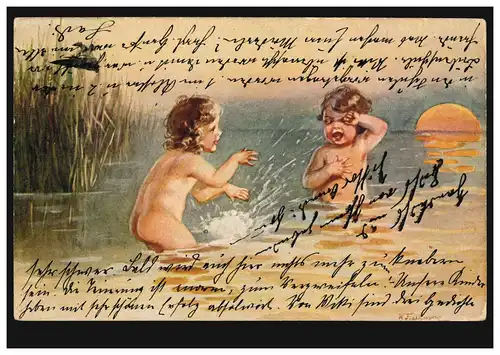 Künstler-Ansichtskarte Wally Fialkowska: Kinder planschen im See, gelaufen 1926