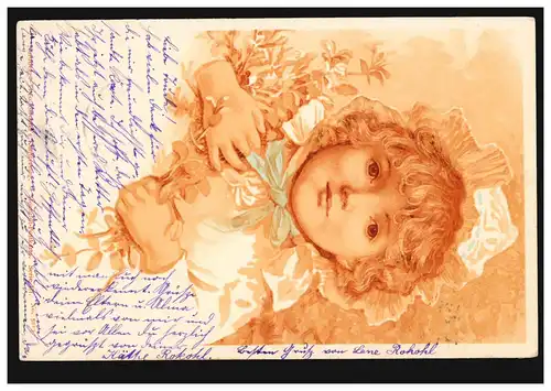 Künstler-Ansichtskarte Mädchen mit Haube und Blumen, CHEMNITZ 11.6.1900