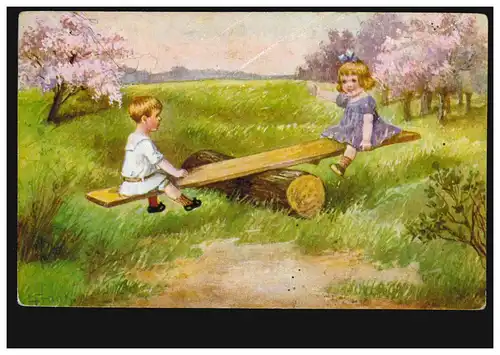 Künstler-Ansichtskarte E. Frank: Mädchen + Junge auf der Wippe, beschriftet
