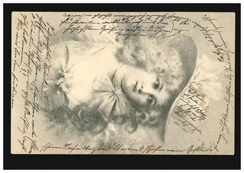 Künstler-Ansichtskarte: Frauenportait mit Hut und Rose, DARMSTADT 9.4.1901