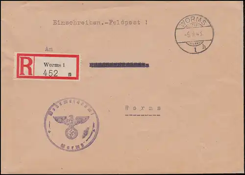 Feldpost Orts-Einschreiben WORMS 9.9.1943 mit Briefstempel Wehrmeldeamt Worms