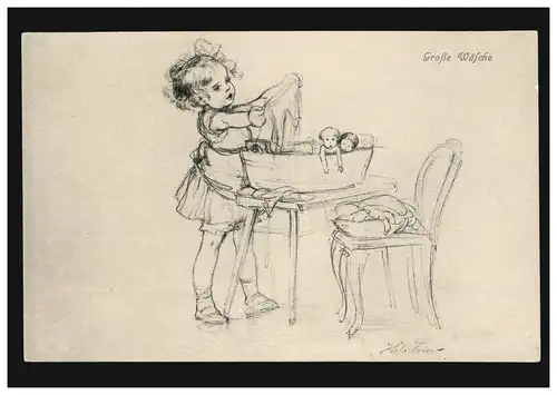 Carte d'artiste Hela Peters: Dessin de crayon Grande lingerie, marqué