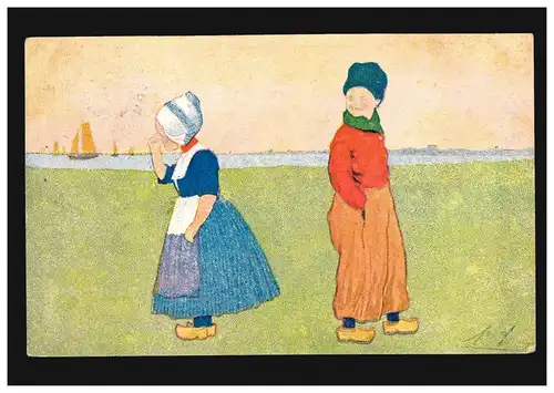 Niederlande Künstler-AK Gemälde Mädchen und Junge in holländischer Tracht, 1905